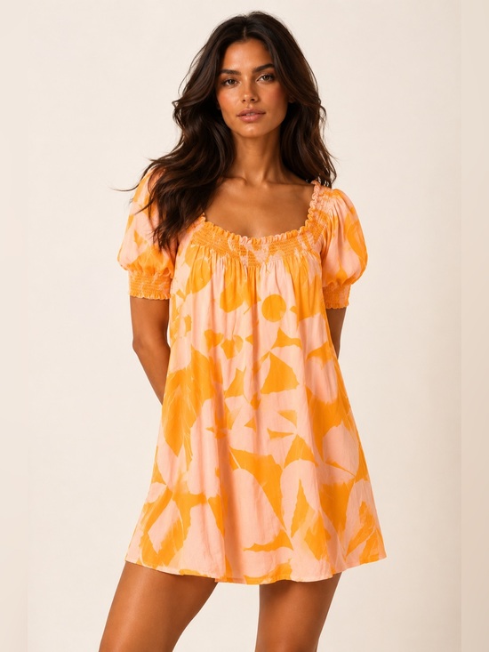 Free People Dresses & Skirts - Free People Mila Floral Mini Dress S Boho Puff Sleeve Smocked Pink Orange Beach